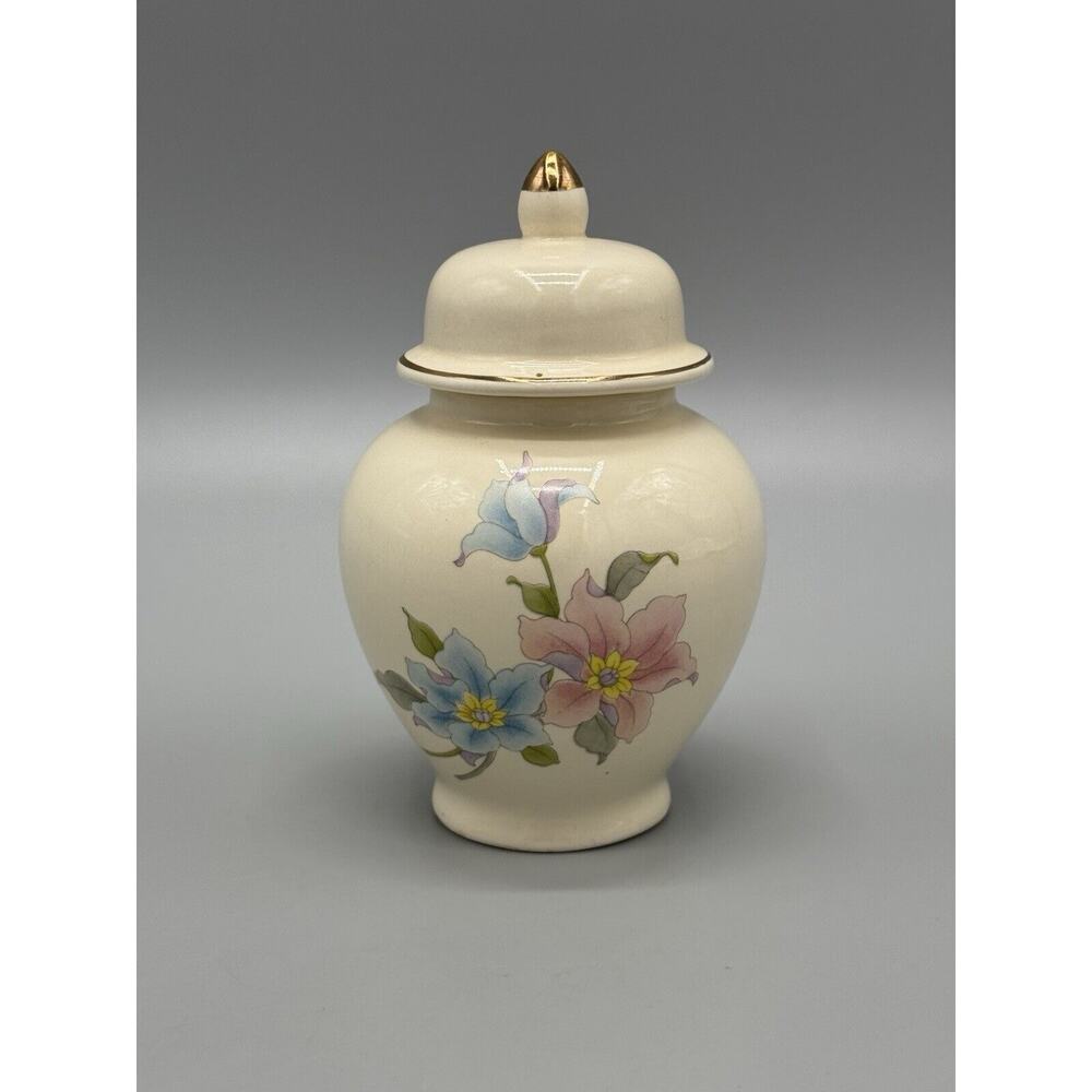 Vintage Small 4.5” Japanese Floral Jar W/ Lid Gold Colored Trim